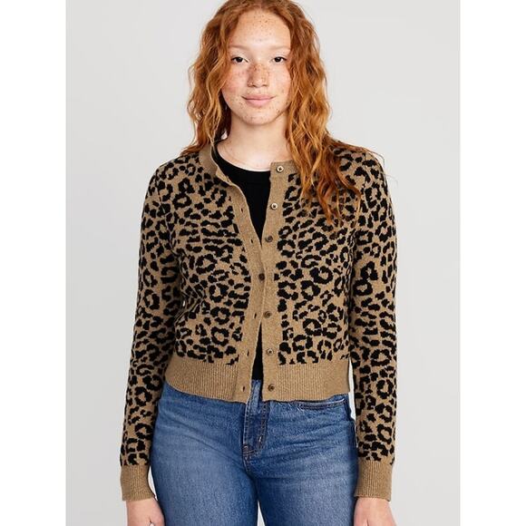 Old Navy SoSoft Cropped Cardigan Sweater Cheetah XXL Button Front Boho Cozy - Picture 1 of 5